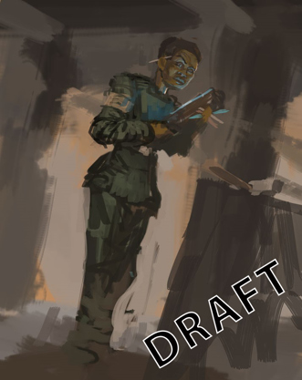 A rough sketch of a woman in a futuristic uniform inspecting a datapad. The word "DRAFT" is in the bottom corner.