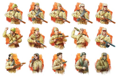 Three rows of illustrations for five different Soviet soldiers showing how a unit can change over a campaign: the middle row shows them armed with new weapons or taking on new roles as they have been upgraded; the bottom row shows then replaced by a range of untrained, demoralised or ill-equipped reserves