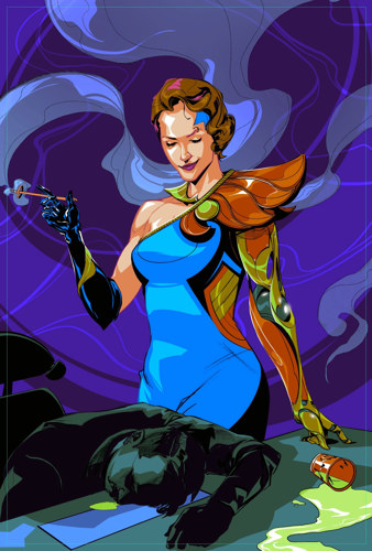 An illustration of a woman in an elegant dress and with two cybernetic arms, smoking a cigarette and standing over a collapsed body