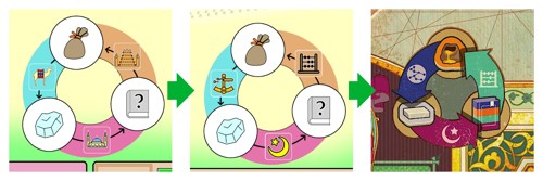 Three images showing the iconography of the game's central economic loop, gold for salt for books for gold, developing from an early sketch to final art