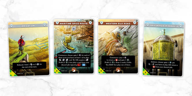 A spread of sample cards from the Abbasids deck of Imperium: Horizons, titled left to right: Irrigation, Maritime Spice Route, Western Silk Road, Great Mosque of Damascus