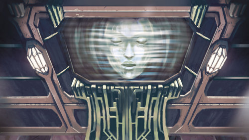 An illustration of a digital screen surrounded by art deco architecture, displaying a mask-like humanoid face