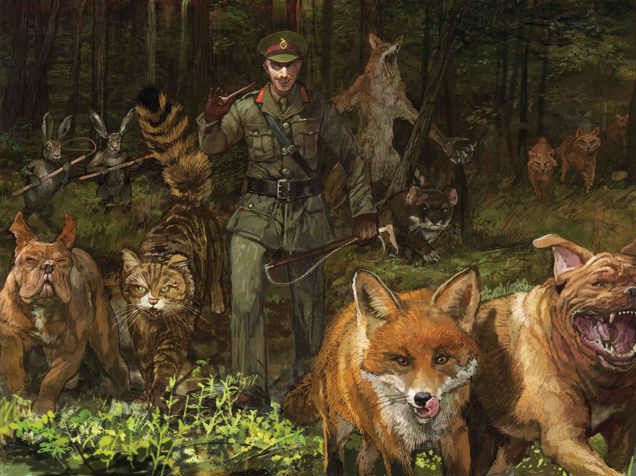 An illustration of a WW2 British army officer with a bestial grin walking through the woods with a troop of were-creatures and animal hybrids