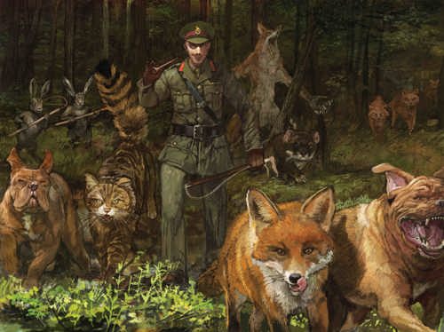 An illustration of a WW2 officer with a strangely wolfish grin striding through a forest, holding a whistle and a whip, leading a hunting party of unsettling humanoid and oversized animals
