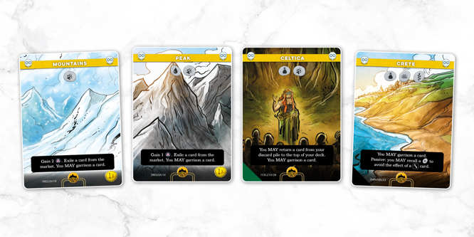 A sample spread of cards from Imperium: Horizons, called left to right: Mountains, Peak, Celtica, Crete