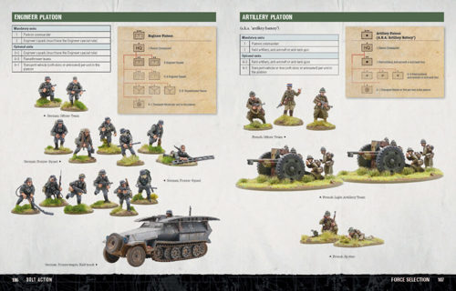 A sample page spread from Bolt Action: Third Edition showing an Engineer Platoon and an Artillery Platoon