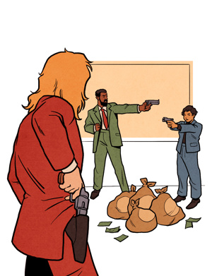An illustration of three people in suits pointing guns at each other over a pile of bags of banknotes