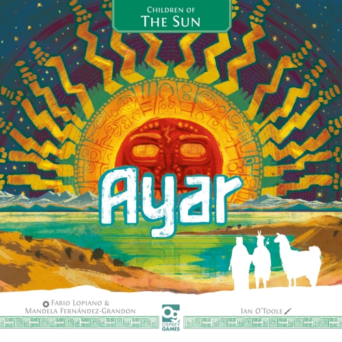 The cover of the board game Ayar: Children of the Sun, with art depicting two silhouetted figures and a llama standing on the shores of a lake with mountains in the distance and an intricate, stylised sun in the sky