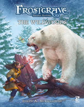 The Frostgrave: The Wildwoods cover, with art showing a wizard with a prosthetic arm, surrounded by red energy, outstretched towards a polar bear towering above her in a snowy forest