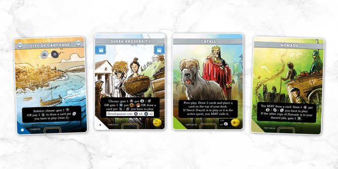 A sample spread of cards from Imperium: Horizons, called left to right: City of Carthage, Greek Prosperity, Cafall, Nomads