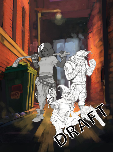 An illustration of a shady back alley in full colour, with three figures sketched in black and white: a woman in a mask with a hockey stick over her shoulders, a man with his fists raised, and a woman crouched down holding a massive revolver. The word "DRAFT" is in the bottom corner.