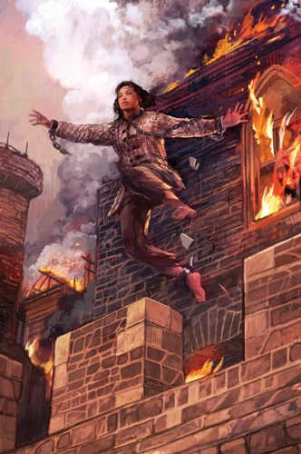 An illustration of a woman in light medieval armour and chains jumping out of a burning castle window