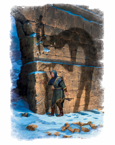 An illustration of a robed woman sneaking around a ruined wall surrounded by snow. Behind her is the towering, hunched shadow of an invisible figure holding out a knife over her head.
