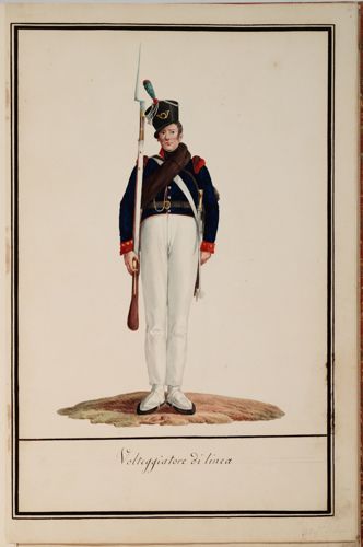 A period diagram of a light infantryman of the Kingdom of Naples in full uniform and holding a musket