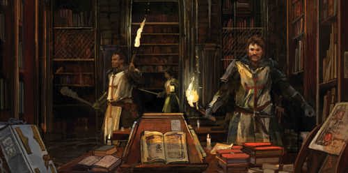 An illustration of knights templar with flaming torches exploring a library full of ominous-looking tomes