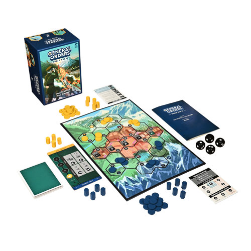 A photo of the General Orders: World War II game box behind a fully set-up game board with cards, dice, wooden pieces and the rulebook surrounding it