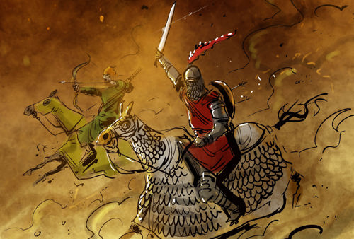 An illustration of two Sassanid knights charging, one in heavy armour with sword raised and the other in light armour preparing to shoot a bow