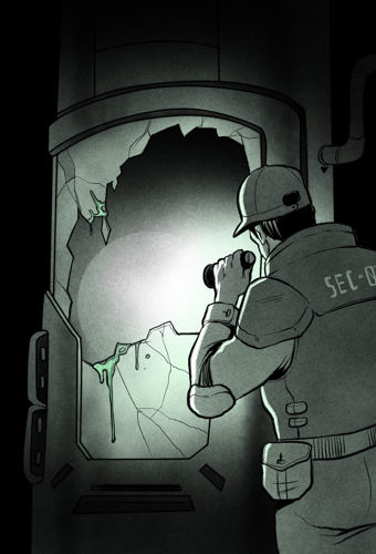 An illustration of a futuristic security agent shining a flashlight into a broken containment tank with strange green slime coating the shattered glass