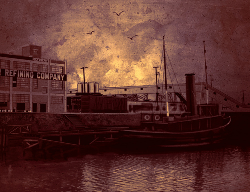 An illustration of a bleak-looking mid-20th-century waterfront