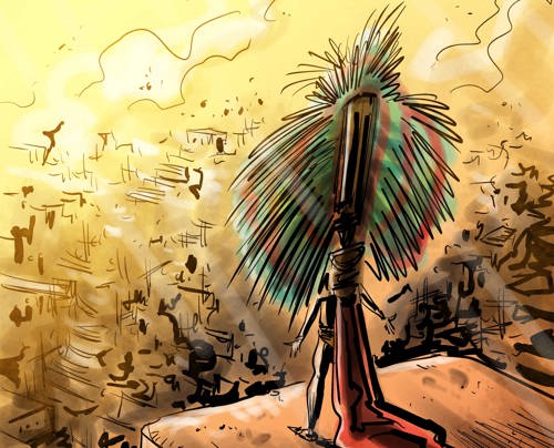 An illustration of King k'inich Janaab' Pakal in a grand headdress standing overlooking his city
