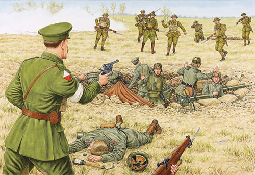 Artwork showing the capture of a machine gun nest