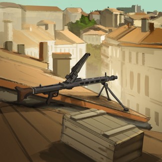 An illustration of a machine gun mounted on a rooftop