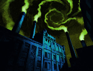 An illustration of a factory streaming pollution into a green-tinged sky, with the smoke clouds forming into strange occult symbols above