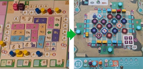 Two images showing the transition from the first prototype of the game's mathematics area to the final mathematics area on the game board, with rectangular Sankoré tiles having changed for diamond-shaped ones