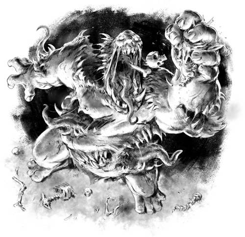 A stylised black-and-white illustration depicting an interpretation of Baxbaxwalanuksiwe, a figure from Kwakwaka'wakw mythology, here a towering monster covered with multiple gaping mouths