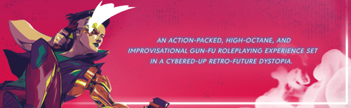 Crescendo of Violence footer banner showing a woman with a cybernetic arm firing two pistols mid-air, alongside the quote: "An action-packed, high-octane, and improvisational gun-fu roleplaying experience set in a cybered-up retro-future dystopia"