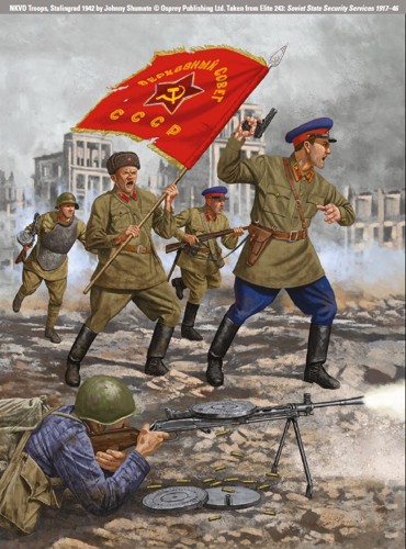 An illustration of variously high-ranking and equipped NKVD troops charging under a USSR banner and covering machine gun fire at the Battle of Stalingrad