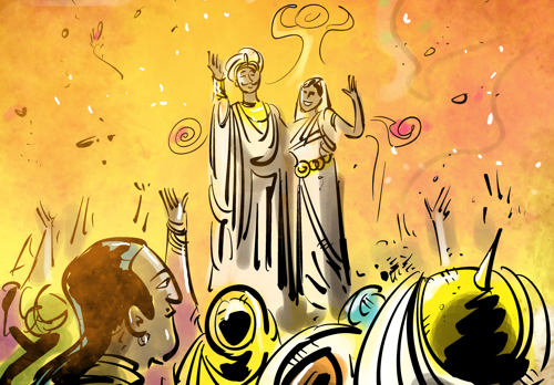 An illustration of Chandragupta I standing in front of an adoring crowd