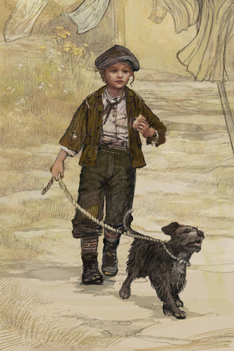 An illustration of a Victorian urchin walking down a country lane with a scruffy little dog on a lead