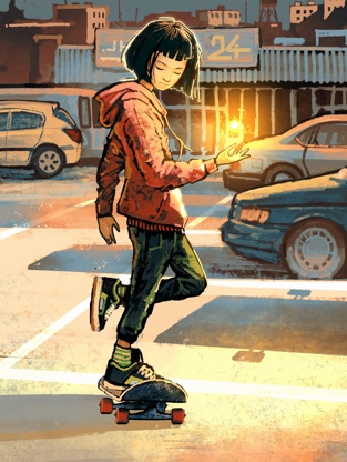 An illustration of a young child skateboarding along with an orb of crackling energy in her open palm