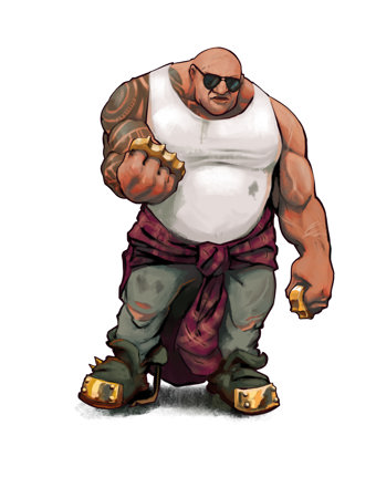 An illustration of a person wearing shades, studded boots and holding knuckledusters