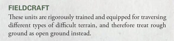 Text reading: "FIELDCRAFT: These units are rigorously trained and equipped for traversing different types of difficult terrain, and therefore treat rough ground as open ground instead."