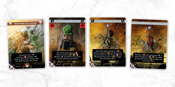 A selection of sample cards from the Sassanid deck of Imperium: Horizons, named left to right: Western Silk Road, Ardashir I, Clibanarii, Aswaran (Cavalry)