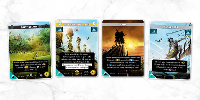 A spread of sample cards from the Polynesians deck from Imperium Horizons, titled left to right: Polynesians, Rapa Nui (Easter Island), Mana and Explorers