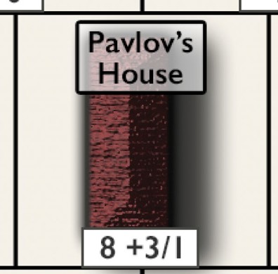 A prototype version of a board tile, without full art but just a name and stats