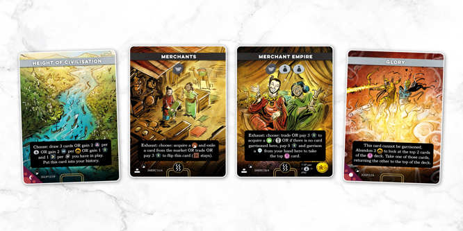 A selection of sample cards from the Guptas deck from Imperium: Horizons, titled left to right: Height of Civilisation, Merchants, Merchant Empire and Glory.