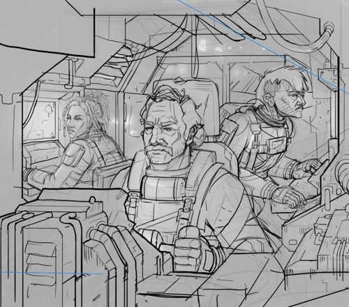 A sketch concept-art illustration of three operators inside the cramped control room of a high-tech vehicle