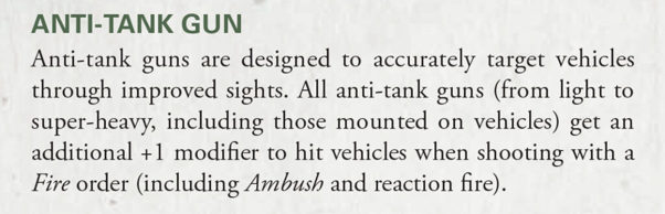 Text reading: "ANTI-TANK GUN: Anti-tank guns are designed to accurately target vehicles through improved sights. All anti-tank guns (from light to super-heavy, including those mounted on vehicles) get an additional +1 modifier to hit vehicles when shooting with a Fire order (including Ambush and reaction fire).