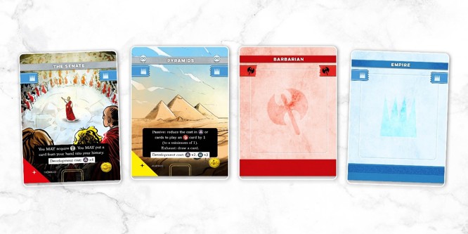 A sample spread of cards from Imperium: Classics & Legends, named left to right: The Senate, Pyramids, Barbarian, Empire