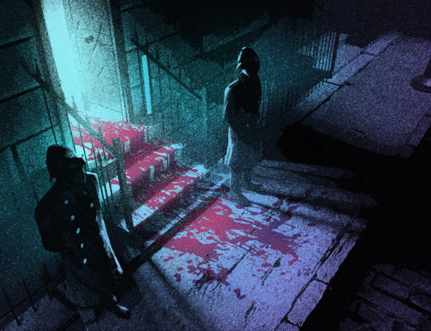 An illustration of two 20th-century London police officers stood outside an open door with a vivid bloodstain spreading from inside