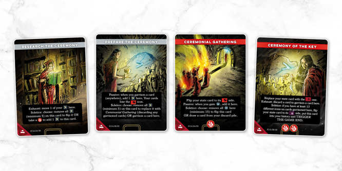 A selection of sample cards from the Cultists deck of Imperium: Horizons, titled left to right: A selection of sample cards from the Cultists deck of Imperium: Horizons, titled left to right: Research the Ceremony, Prepare the Ceremony, Ceremonial Gathering, Ceremony of the Key