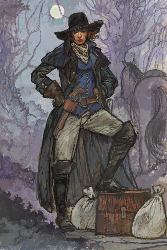 An illustration of a woman in highwayman's clothing beneath a full moon