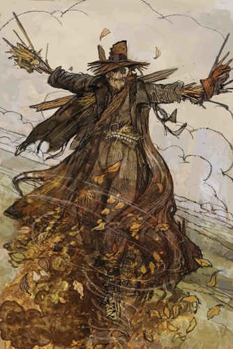 An illustration of an animated scarecrow surrounded by a storm of wind and leaves