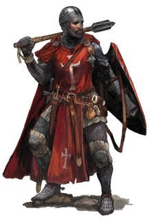 An illustration of a medieval knight with a mace and shield