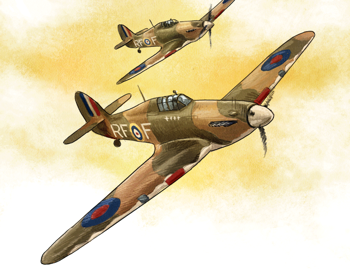 An illustration from the board game Undaunted: Battle of Britain of two British Hurricane planes in flight side by side
