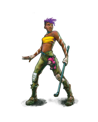 AN illustration of a person with purple hair and a pink teddy bear hanging at their belt holding a long iron pipe as a weapon